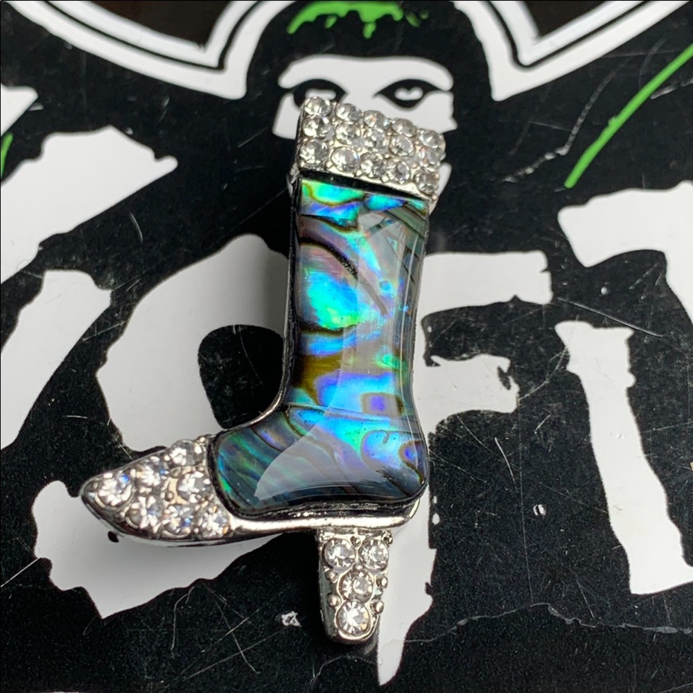 Abalone Shell Rhinestone Silver Boots Brooch - Picture 4 of 17